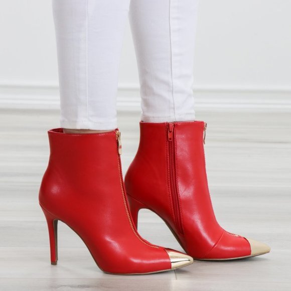 Ankle Red Boots Faux Leather Gold Pointy Toe - Picture 13 of 14